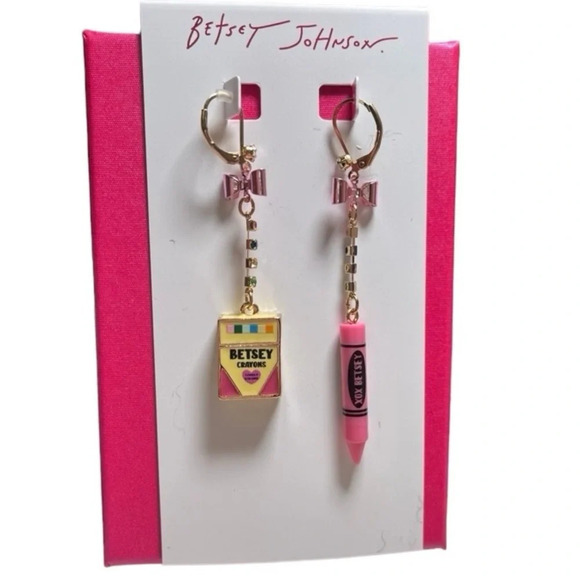 BETSEY JOHNSON Mismatched Crayon Box & Single Crayon Dangle Earrings NEW NWT - Picture 3 of 5